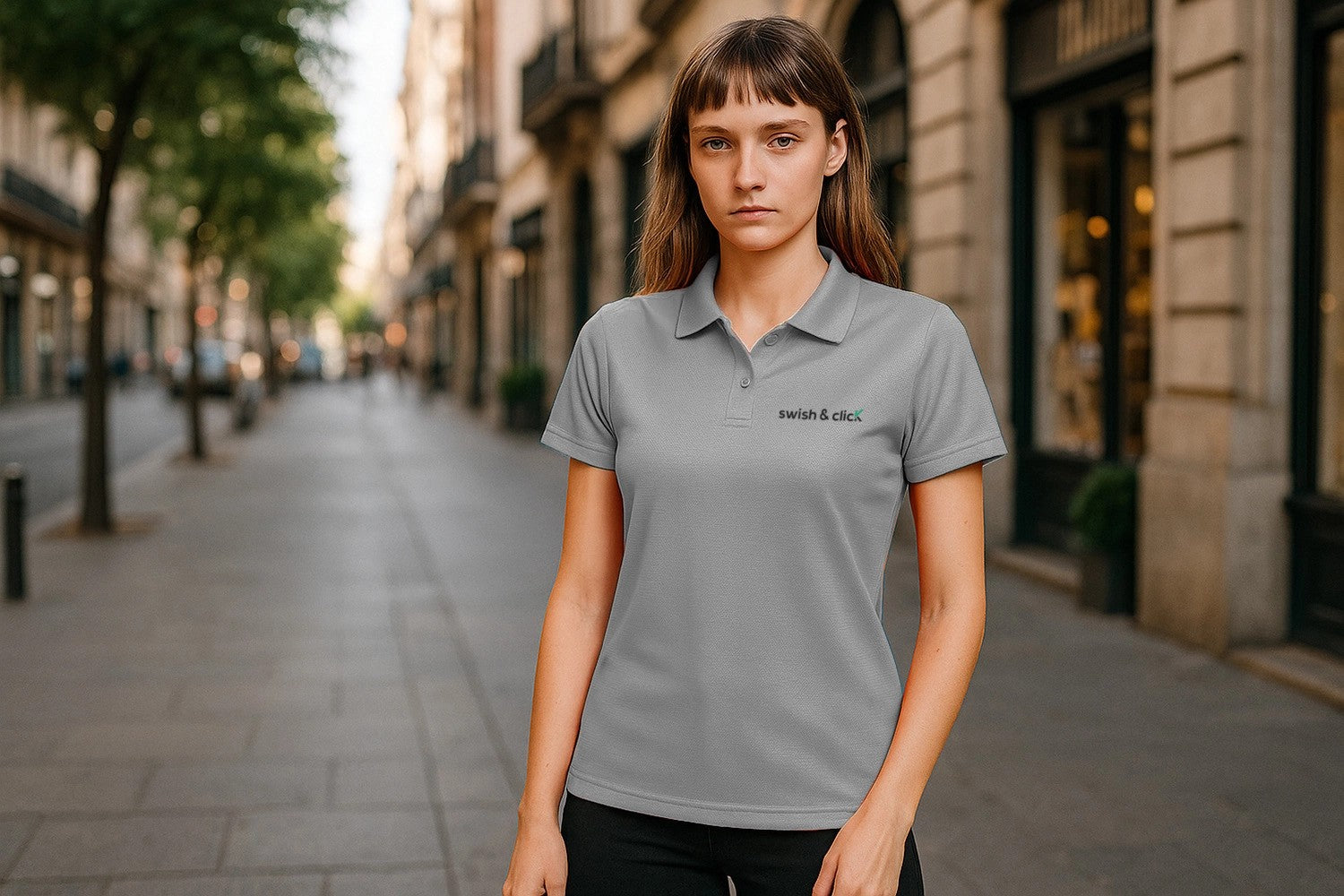 Modella con polo grigia personalizzata Swish & Click in centro città, esempio di abbigliamento promozionale ROLY per aziende con branding elegante e professionale.